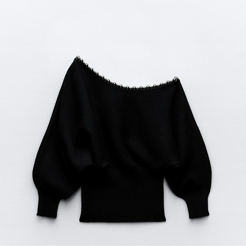 Zara Black Off-the-Shoulder Sweater with Rhinestone Neckline NWOT